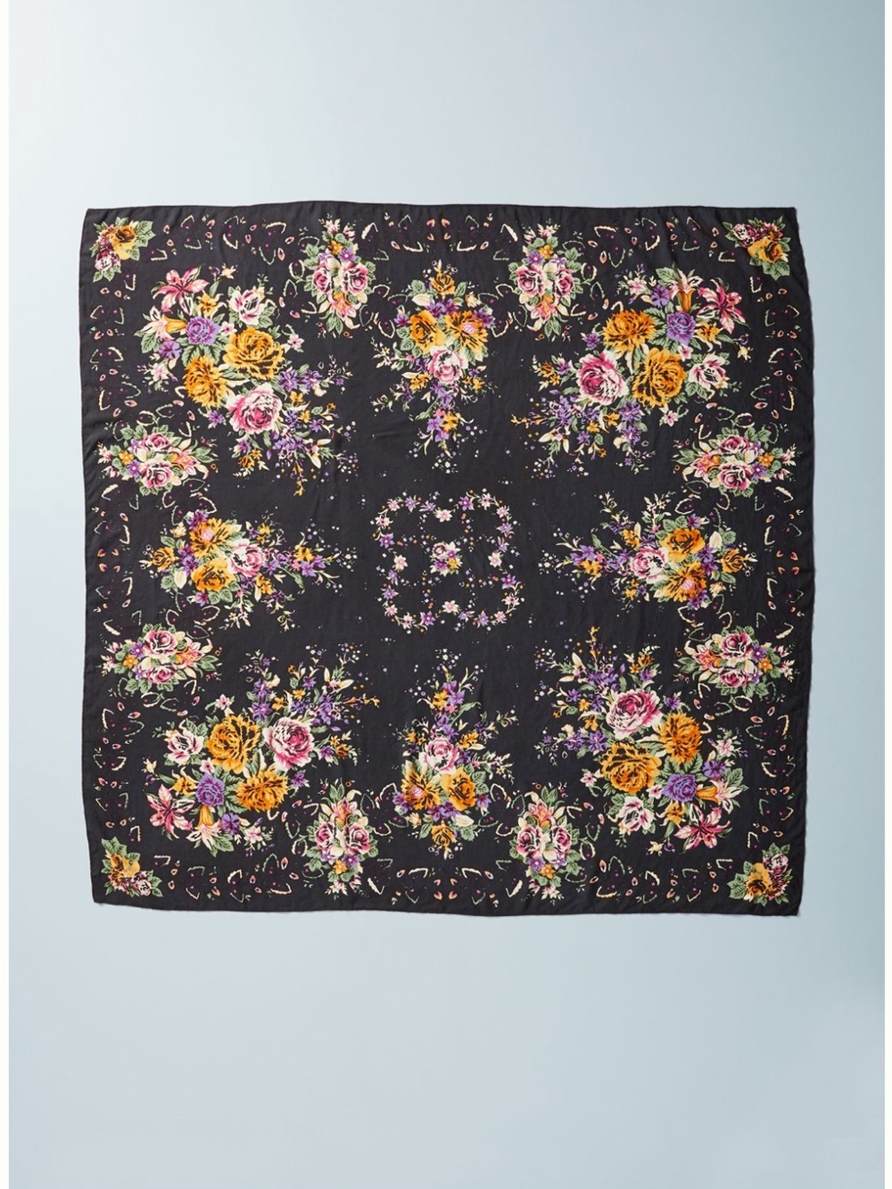Anthropologie Black Floral Cotton Scarf Wrap Yellow Rose OS